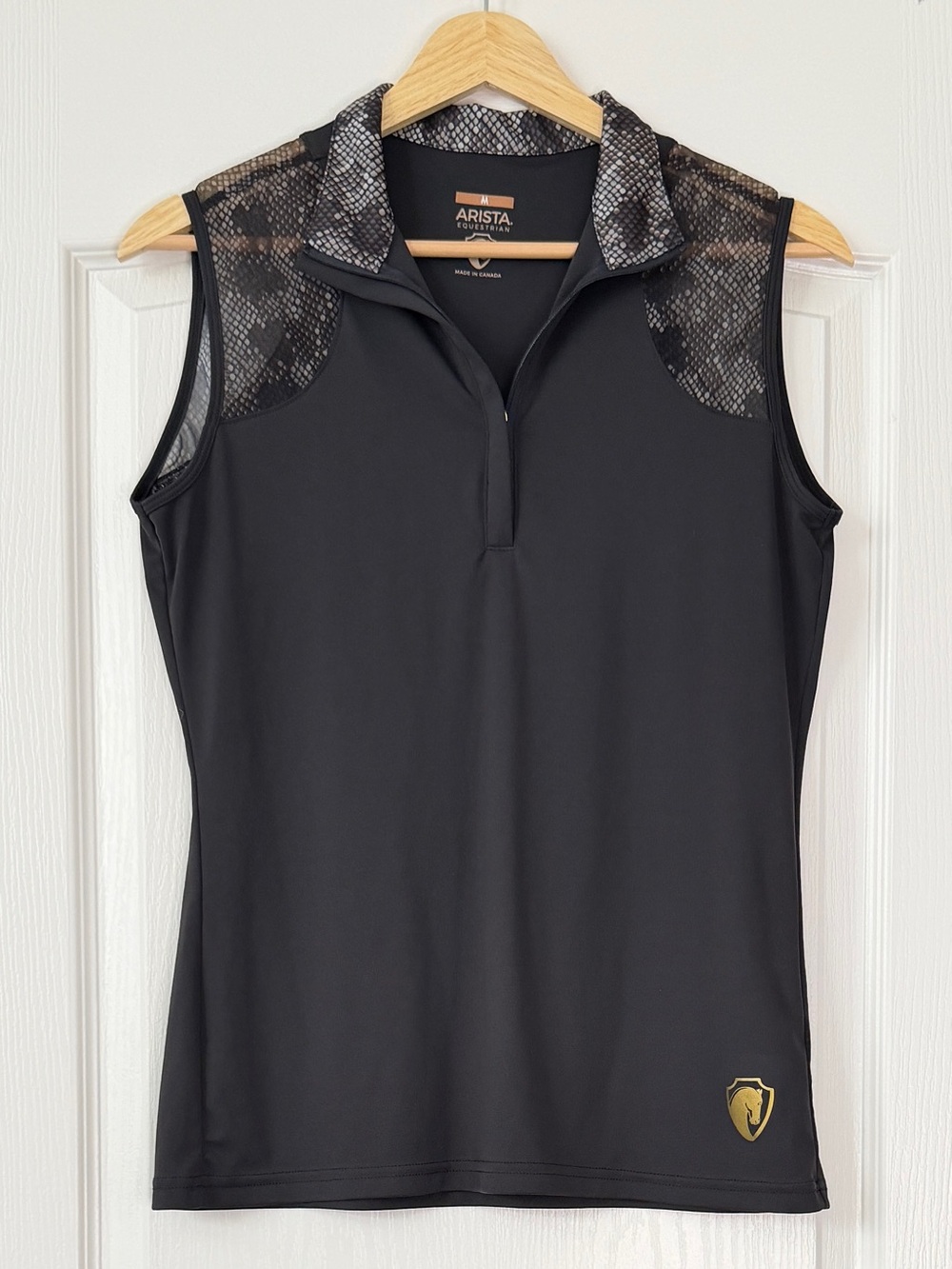Arista Equestrian Sleeveless Sun Shirt Black Snakeskin Mesh Gold Zip Size Medium